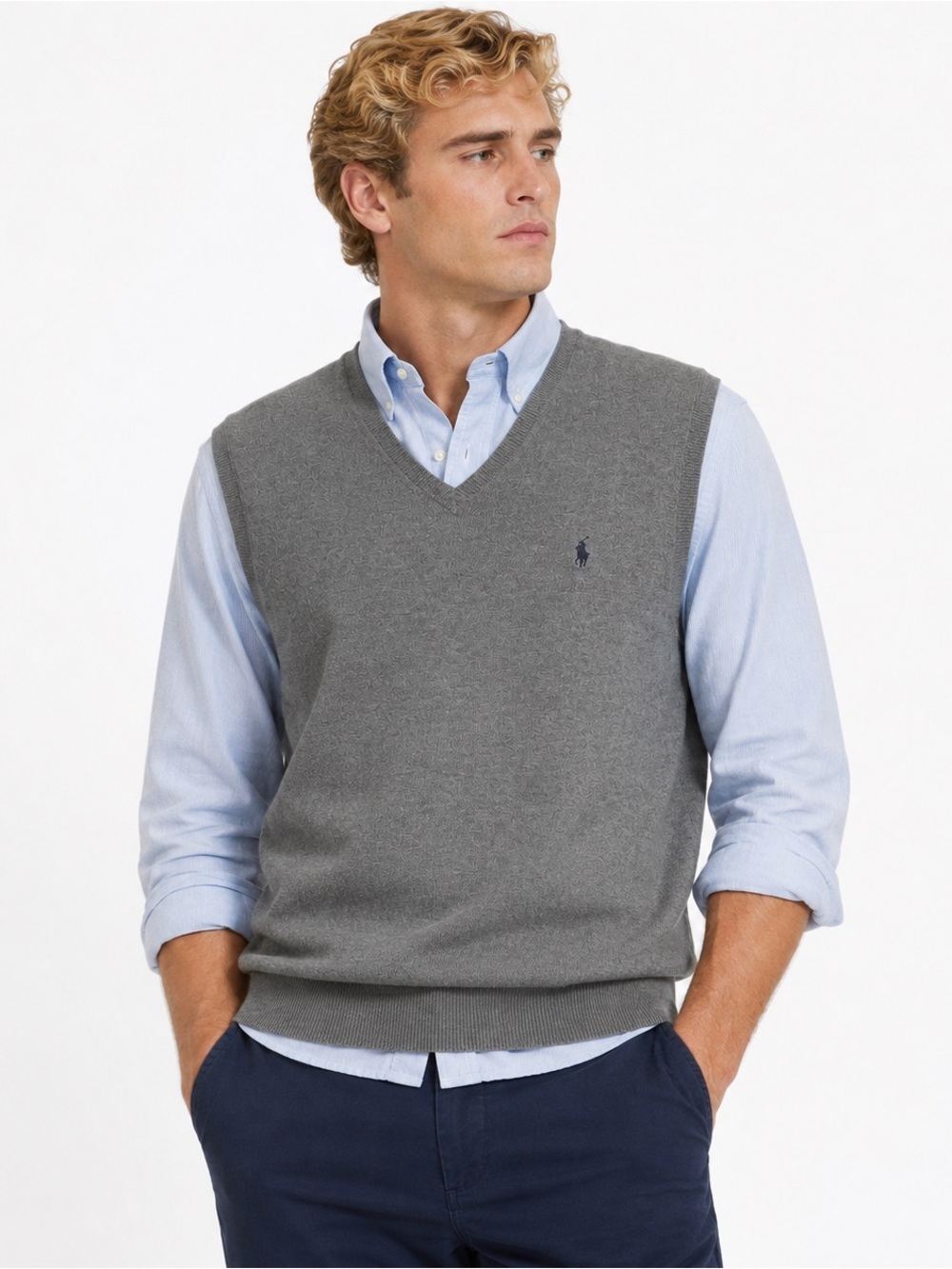 Polo Ralph Lauren Gray Sweater Vest Navy Polo Pony Merino Wool Preppy Size XL